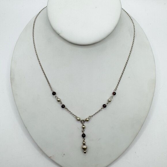 Sterling Silver And Garnet Beaded Y Drop Dainty Necklace Minimalist Classic Y2K - Picture 3 of 10